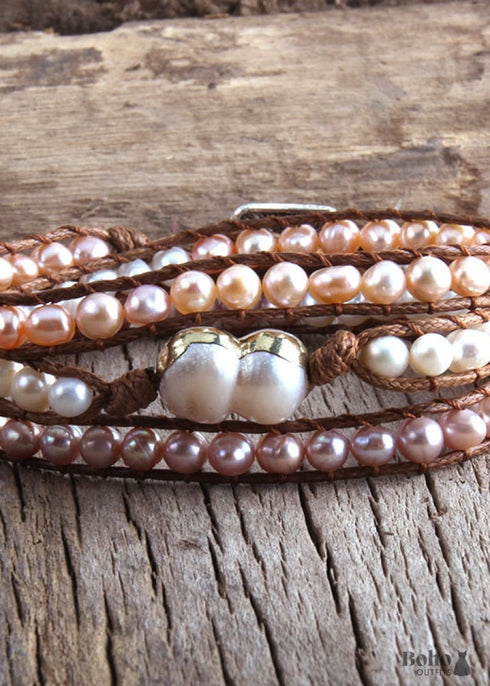 Boho Bracelet, RH 5 Layers Leather Wrap Bracelet, White Pink Natural Peal